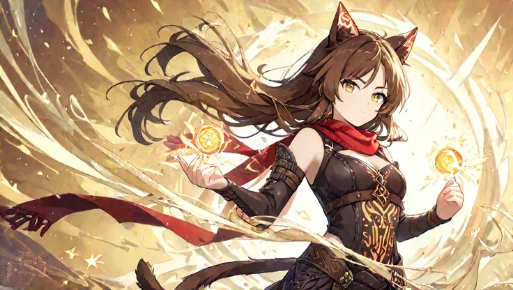 A warrior cat-eared girl with short, spiky brown hair and bright amber eyes filled with determination. Her cat ears are perked up, and her tail sways with confidence. She wears a leather armor set with intricate engravings, paired with a red scarf flowing ...