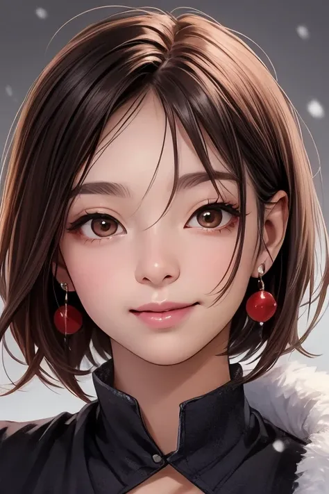 snowy town ,  one woman with short bob hair laughing,  looking at camera, Smile, natural makeup, forehead is exposed with parted bangs, droopy eyes, red hair, red eyes, round face, baby face,,  earrings,  anatomically correct,  Masterpiece,  top quality, s...