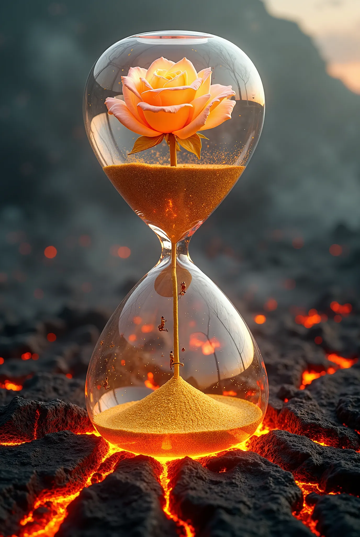 high definition double exposure, a delicate glass rose blooming inside a massive hourglass placed in the heart of an active volcanic region. The hourglass is filled with golden sand and molten lava, which flows slowly between its chambers, creating a mesme...