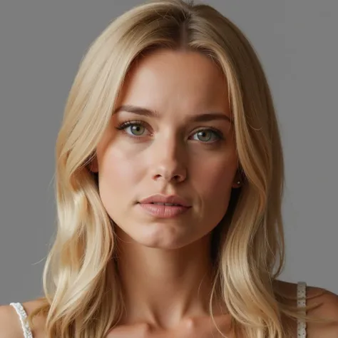 Photograph of a young Caucasian woman with fair skin and shoulder-length blonde hair. She wears a white, sleeveless, lace wedding dress with a plunging V-neckline, revealing a hint of cleavage. Her expression is neutral, with light blue eyes looking direct...