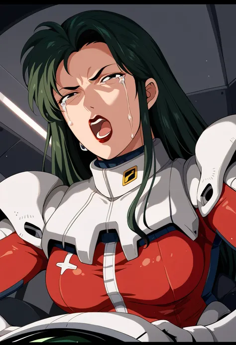 view,Cima Garau, mature female,pilotsuit, red bodysuit,black eyes, green hair, long hair, red lips、 is the cockpit in the background、 sits in the cockpit、 crying face、 is shouting with his mouth open

