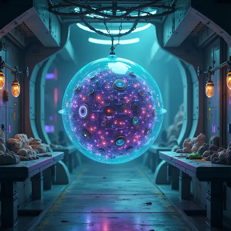 Sci-fi turquoise orb with visible circuitry and retro components. Purple and red glowing circuitry. Steven Universe. Yugioh. Digital art. In a floating chamber in a sci-fi lab.