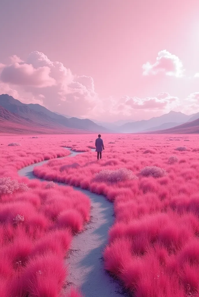 Aerial image of a person walking along a path in a pink field, Beeple-inspired coloring pictures,  Pexels contest winner ,  Color Field , Pink Landscape, Surreal colors,  on a brightly colored alien planet , Infrared photography,  Digital painting by  ,  t...