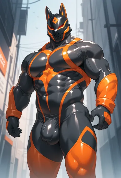 kemono . furry. male.  muscle body. alley. （ high quality）（Gloss）（( black face and red eyeliner )）（Black and orange theme colors.  black helmet .  full face helmet.  rubber mask .  blindfold. orange line .  has her whole body covered in a black bodysuit.  ...