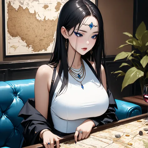   top quality、Ultra-precise depiction、 detailed map、  bright colors visible from the forehead、 beautiful girl 、 alone、Age 30、 Height、 accurate facial depiction、bar、Sofa、 table、wine、coin、 tuxedo、 shirt、 tie、 bust up、 Skin radiance、 Beautiful figure  、  stra...