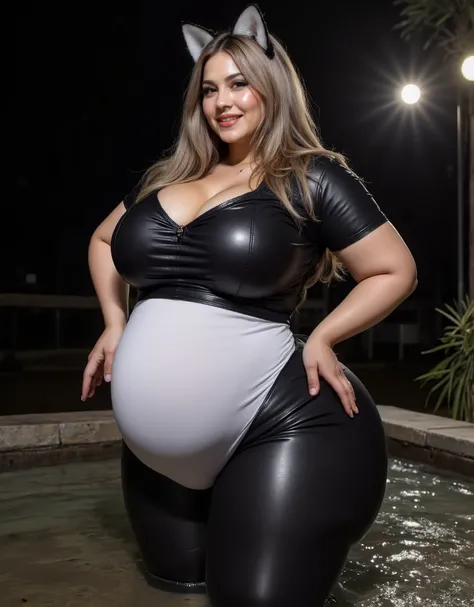 BEAUTIFUL RUSSIAN MATURE WOMAN  ,  very large cat ears  ,background:  Darkness,  black leather catsuit soaked all the way to the ankle (width:1.5,Strength:2.5),  full body portrait seen from the front  ,  soaked in water up to the ankles  , Black short sle...