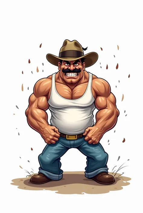  Draw a picture of the Mexican drug trafficker El Chapo, with a mustache, wearing a hat,  using a tank top with muscles and angry facial expression .  He is beating the sailor Popeye .  Popeye is hurt and afraid . The background is white. The image will be...