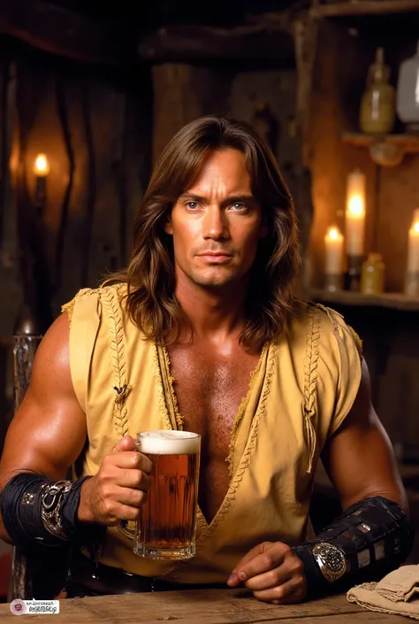 Hercules is a man with long hair and a yellow shirt. He is holding a beer in a medieval tavern. Face portrait, close-up.