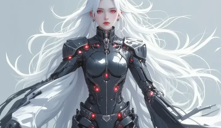 AI woman with matte black and white cyberbody, with red glowing details, very tall, with thick thighs, wide hips, long legs, and a slender waist. Dark red glowing eyes, Long flowing white hair. sad expression on face, Nothing in her hand. A melancholy expr...