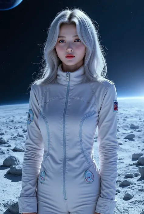 a masterpiece ,blue eyes, wavy silver hair,A young asian woman, wearing Space exploration suits with holographic details, supermodel posed, dynamic expression, full body shot, focusing her outfit, backdrop of the earth,she standing on the moon