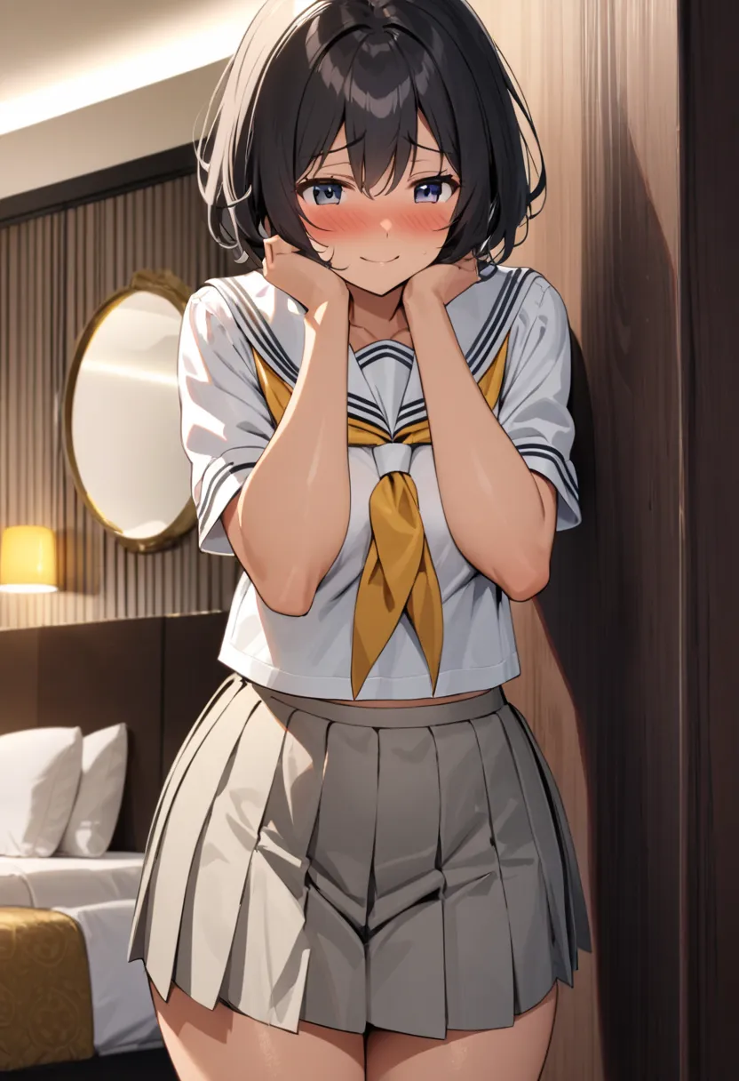 detailed background,at gorgeous bedroom in hotel,black marble wall,(golden bed),dark room,school uniform,white sailor shirt,pleated gray skirt,,hiding own face in shame,black hair,(tanned skin:0.3),,short japanese girl,voluptuous body,from behind,look at v...