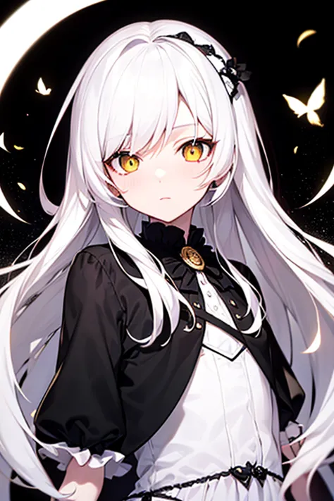 Alone ,  has a black background , A single anime boy in a white and black gothic lolita dress, White-haired male god,  golden eyes , long, fluttering hair ,  mini skirt ,  portrait,  top quality , 