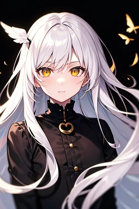 Alone ,  has a black background , A single anime boy in a white and black gothic lolita dress, White-haired male god,  golden eyes , long, fluttering hair ,  mini skirt ,  portrait,  top quality , 