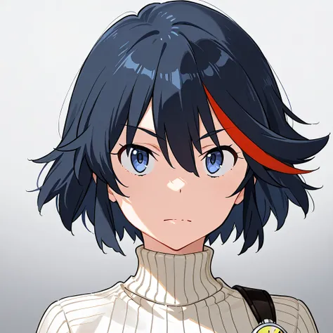  score_9,  score_7_up,  1 girl, Alone,   black hair,   ribbed sweater ,  gradient background ,  grey background,  portrait,  Watch viewers, Matoi Ryuko 