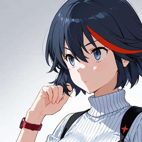  score_9,  score_7_up,  1 girl, Alone,   black hair,   ribbed sweater ,  gradient background ,  grey background,  portrait,  Watch viewers, Matoi Ryuko 