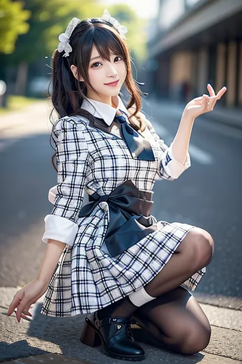  Realistic Photo Quality 、青と白の dressと黒い手袋をはめた女性がいます,  Anime Girl Cosplay ,  Anime Cosplay ,  Cosplay Photo,   Professional Cosplay , costume with line art blue accents ,   Elegant Glamorous Cosplay , Maid! dress、 looking at camera、Detailed and beautiful ey...