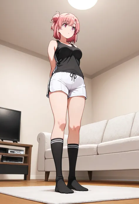 masterpiece, best quality, very aesthetic, yui yuigahama, short hair, pink eyes, pink hair, hair bun, single hair bun, medium breasts, full body, low angle, living room, black over knee socks with Stripes, white sport shorts, arms behind back, standing, bl...