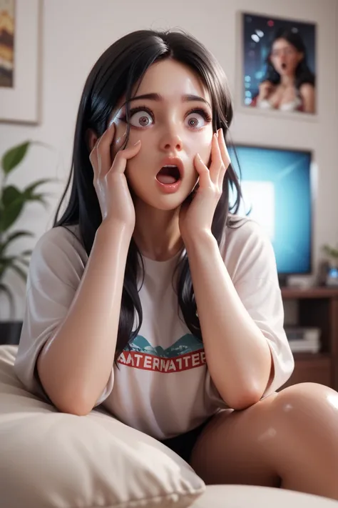   1 girl,  she is sitting in front of the television in the apartment,   long hair ,   black hair , In an extremely tight-fitting , shiny top  ,   reflection  ,   reflecting light,   high resolution,   masterpiece, surprised, Hands on face 