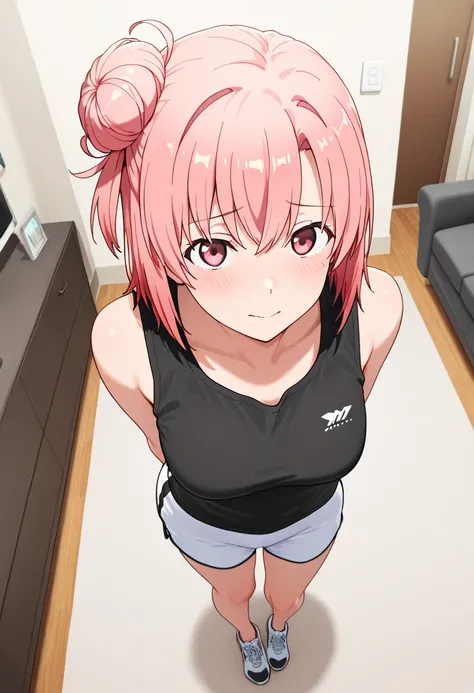 masterpiece, best quality, very aesthetic, yui yuigahama, short hair, pink eyes, pink hair, hair bun, single hair bun, medium breasts, full body, living room, above angle, shy face, looking at viewer, white sport shorts, arms behind back, standing, black t...