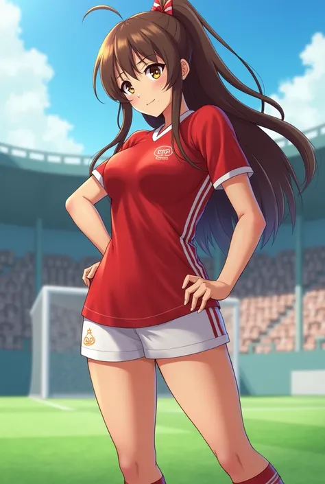 Anime, Girl, Soccer, Girl who plays football, FanArt, Big Breasts, Thick Thighs, Brown Hair and Eyes, School background image, Sweating, Bored, Red Shirt 