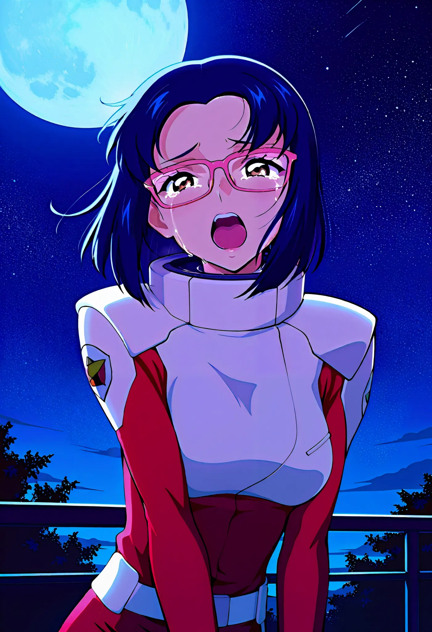 masterpiece, best quality,amazing quality、 view, 1 female,night view, moonlight,juriwunien , brown eyes, blue hair, short hair, glasses, pilotsuit、 crying face、 is shouting with his mouth open、