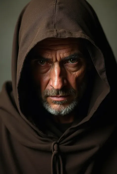 Benedictine monk, in dark brown monk clothes, in the hood, looks intently at the viewer . The texture of the rough fabric is pronounced.  style Caravaggio.