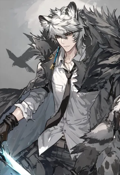 The image depicts a male animated character with silver hair and striking features. He wears a white shirt with a black tie and has animal ears,resembling those of a wolf or a fox. He wields a glowing blue sword in his right hand and has a black glove on h...