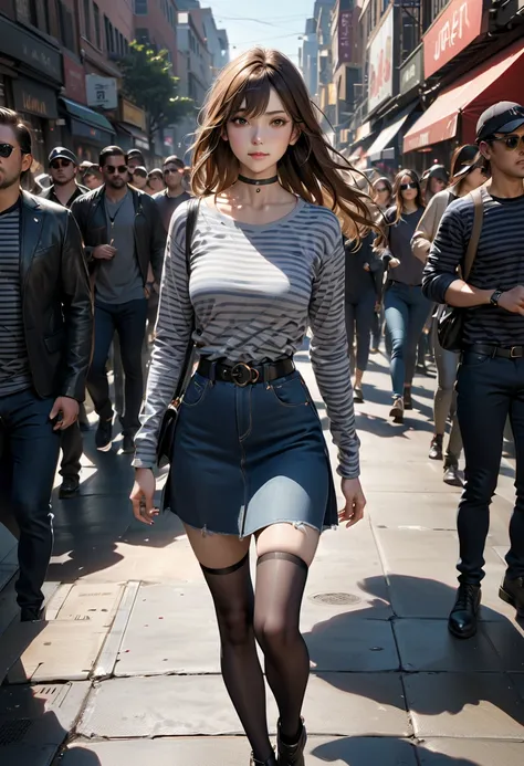 pretty damsel, walking posed, among crowd, carying tote bang, BREAK, (swept-side bang, brown hair, long hair, straight hair), BREAK, ( long sleeves round neck shirt (+black and gray striped shirt, black and gray  striped shirt, black choker ), navy-blue de...