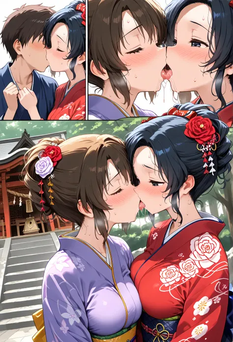   young,  breasts of different sizes , close ,sweat, love juice , ,saliva,color々 hairstyle,kiss,first visit of the year to a shrine, kimono,shrine,Himechome 