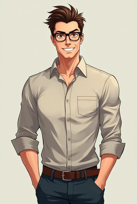 Make an anime version of this A well-groomed man with sharp features, short neatly styled brown hair, and striking hazel eyes behind stylish glasses. He has a strong jawline, a warm smile, and dresses in a mix of casual-professional—think a fitted button-u...