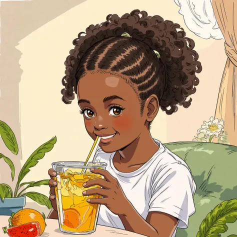 A young girl with braided african hairstyle drinking fruit juice african, indoor, water color illustration