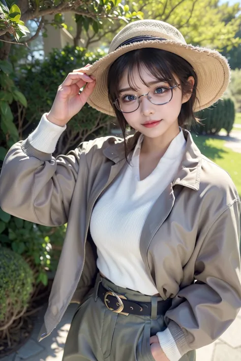 (   top quality、8k、  Award-winning work  、     super high resolution )、  Beauty 、(   khaki bush jacket   ,   sexy cleavage  :1.1)、 Perfect big  、(  blonde:1.1)、  bright 、(((  thick frame glasses   )))、  PERFECT GAL MAKEUP、  bright and shiny lipstick、Very s...