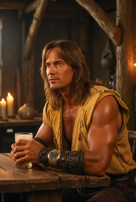 Hercules is a man with long hair and a yellow shirt. He is holding a beer in a medieval tavern. Face portrait, close-up.