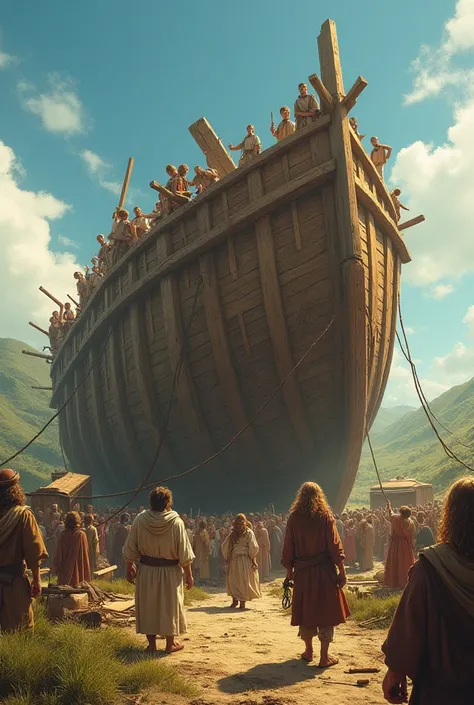 Noah and his family struggling to build the massive ark while people in the background mock and laugh at them.  