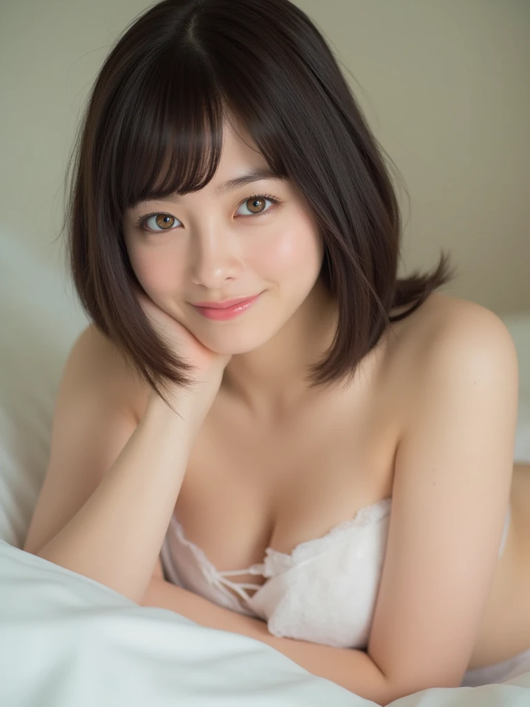  Hashimoto Kanna, one woman、 beautiful、Perfect looks、(((Beautiful small breasts)))、(( completely naked))、 on the bed、 Smile