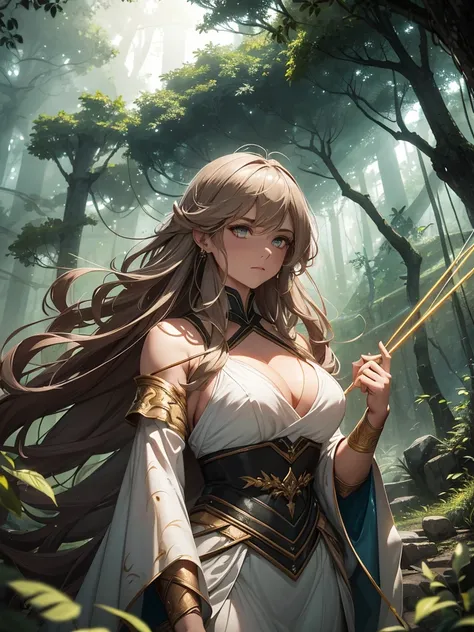 ((best quality, ultra-detailed, 8K, masterpiece, cinematic, dynamic lighting, epic fantasy, wallpaper)) upperbody only, A powerful and graceful female archer stands deep within an ancient, enchanted forest, surrounded by towering trees and glowing mist. Sh...