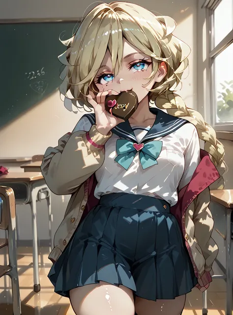 carolcasual, blonde hair, braid, mole,  blue eyes, shiny hair, braided ponytail , sailor suit,classroom,Hold Valentine's Day chocolate in your mouth and hand it over, roll up skirts