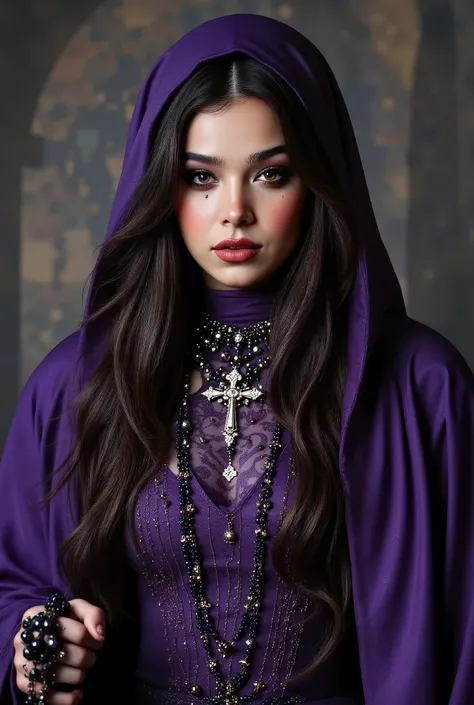 Girl,Black hair，purple Queen，accessories，cross pendant, pentagram earrings, OM tattoo, beads in hand，hijab witch Queen，Red lipstick