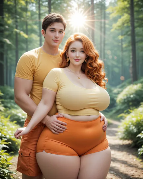 plus size women, full body, 20 years old, voluptuous body, very buxom, so plump, busty, thick, chubby, big breast, big hips, big thigh, very huge ass, very beautiful face, pink lips, light orange hair color, wavy hair style with bangs, gold earring jewelry...