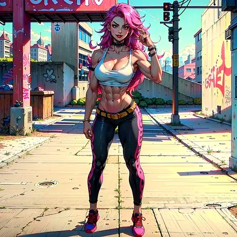 ((poison,Poison_long_hair_aiwaifu,spiked hair,big_hair ,very_long_hair,pink_hair,big_hair,cleavage, makeup,collar,lipstick,bracelet,choker,studded_collar,muscular_female,cutoffs,bangle,strap_slip,open_fly,midriff,collarbone,belt_collar,poison_(final_fight)...