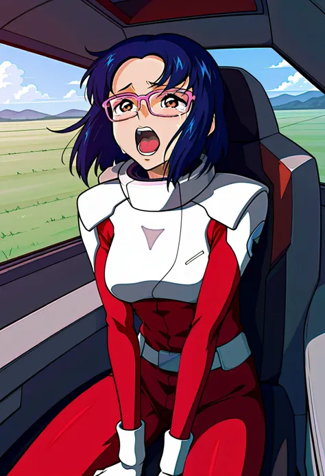 masterpiece, best quality,amazing quality、 view, 1 female,,juriwunien  , brown eyes, blue hair, short hair, glasses, pilotsuit、  is the cockpit in the background、 sits in the cockpit、crying face、 is shouting with his mouth open、