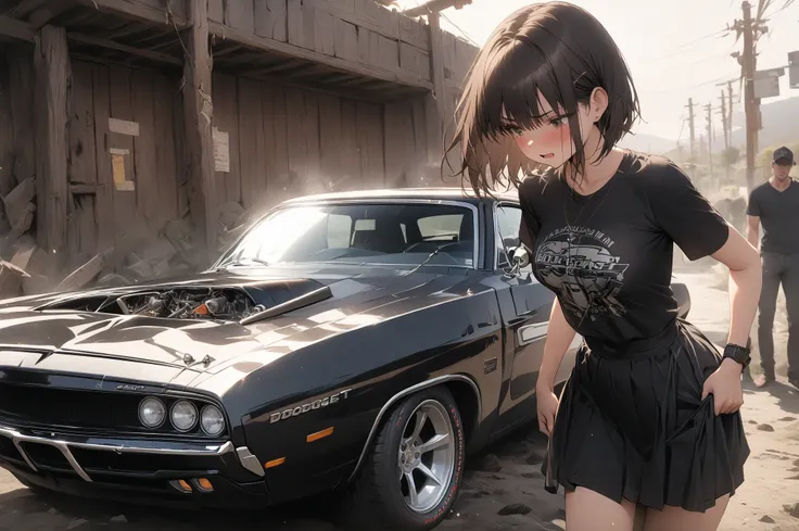 (masterpiece, detailed:1.2), One Girl, (18-years old), brown long Bob Cut, Medium Breasts, BREAK, Highest quality, west coast, BREAK, standing next to matte black '69 Dodge super Charger, 