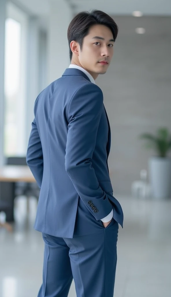 Korean businessman, 25 years old, 1, Turn to the side, wear a high-quality blue suit. , Step up the line, Communicate a business that grows by leaps and bounds