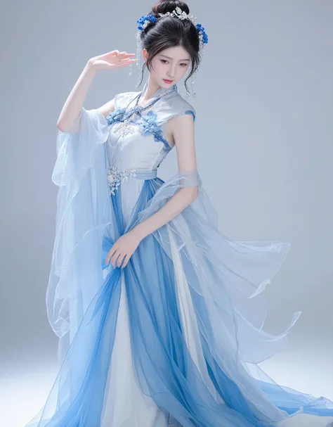 Arafad woman in blue and white dress is stretching, Gorgeous Chinese model, sexy dress, stunning elegant posture, cheongsam, Tall and thin beautiful goddess, sexy pose, attractive pose, Young, sensual and elegant, side pose, very sexy pose, full body xianx...