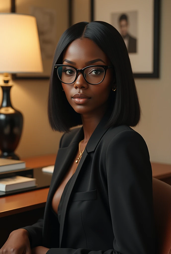 Generate an image of a dark black gorgeous woman with straight expensive wig and in glasses sitting on an office chair in a beige decorated office