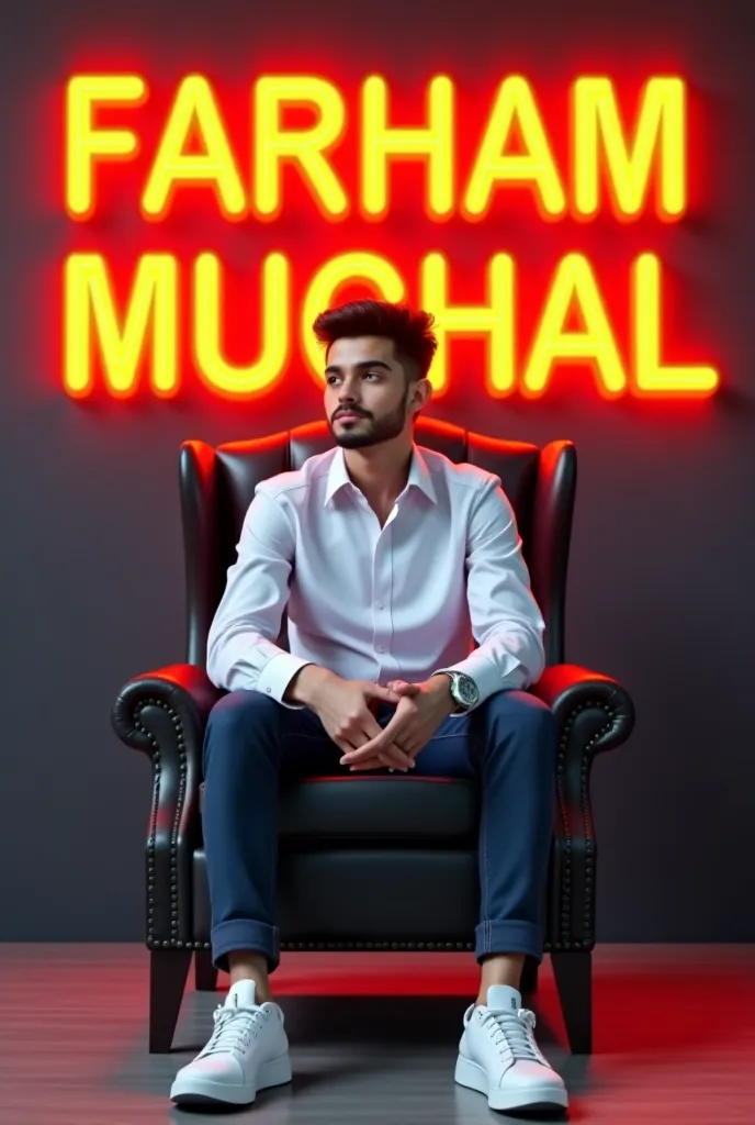          Create a 3D illusion for a profile picture where a 25 Year old cute boy in a white shirt Sitting casually on a Wingback chair. Wearing sneakers, he looks ahead. The background features "FARHAM MUGHAL" in big and capital Orange neon light fonts on ...