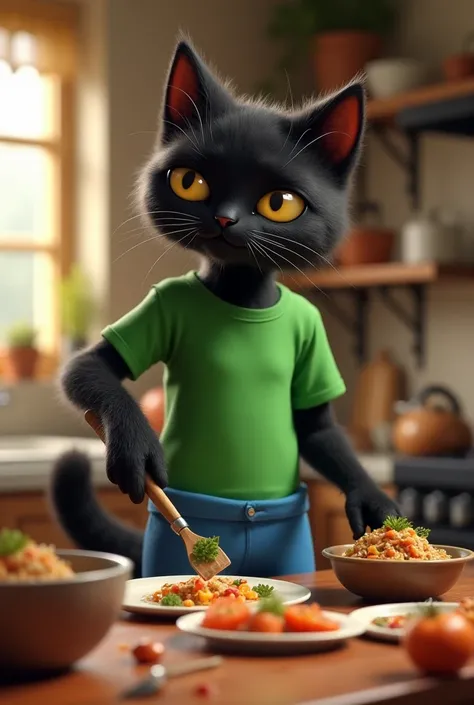 Generate a high quality 3D image:A black cat wear green t-shirt and blue pant and making fish dish in the kitchen of the house  