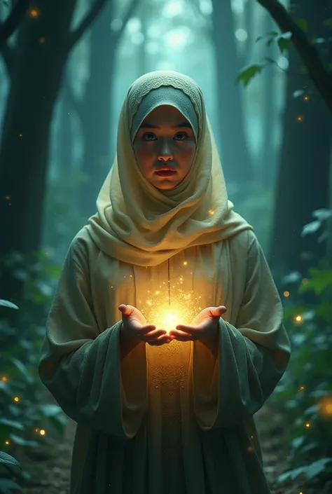 "A girl standing in darkness, holding a glowing hijab in her hands. As she wears it, the surroundings become bright and beautiful, symbolizing spiritual enlightenment."