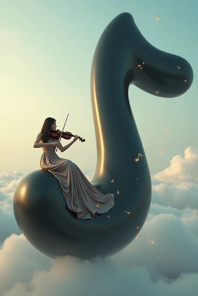 A massive, giant eighth note floats in a dreamy, ethereal space, its smooth, black surface subtly shining under soft ambient light. Sitting gracefully on the curved edge of the note, a young woman plays a beautifully crafted violin, her bow gliding across ...