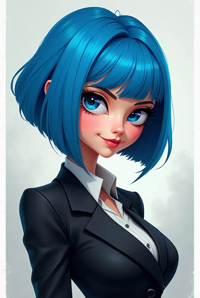 Cartoon blue-haired woman with blue eyes wearing black suit